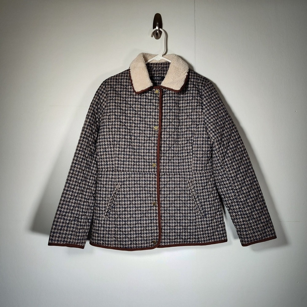 Lauren Ralph Lauren Lightweight Houndstooth Quilted Jacket Faux Sherpa Collar M - Picture 2 of 13